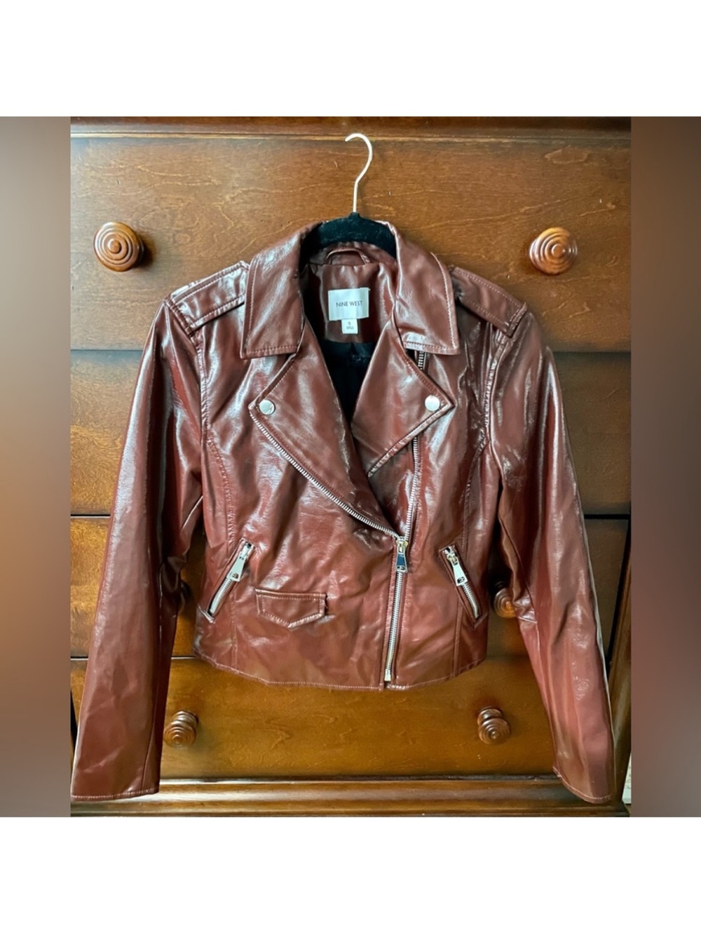 Nine West Women's Brown Faux Leather Moto Jacket